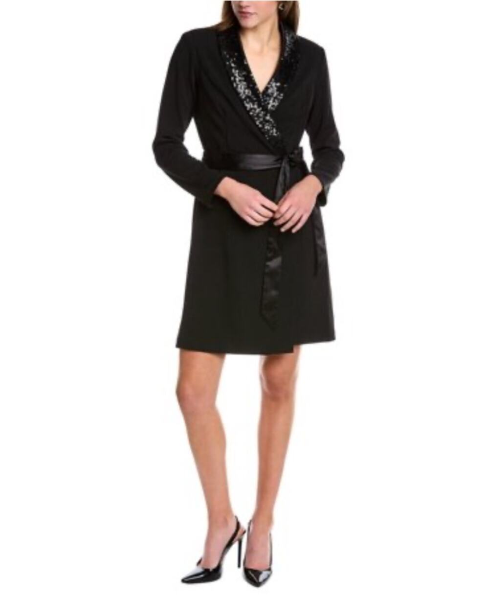 Adrianna Papell Black Cocktail Dress Sequined Long Sleeve Tuxedo Sheath Size 6